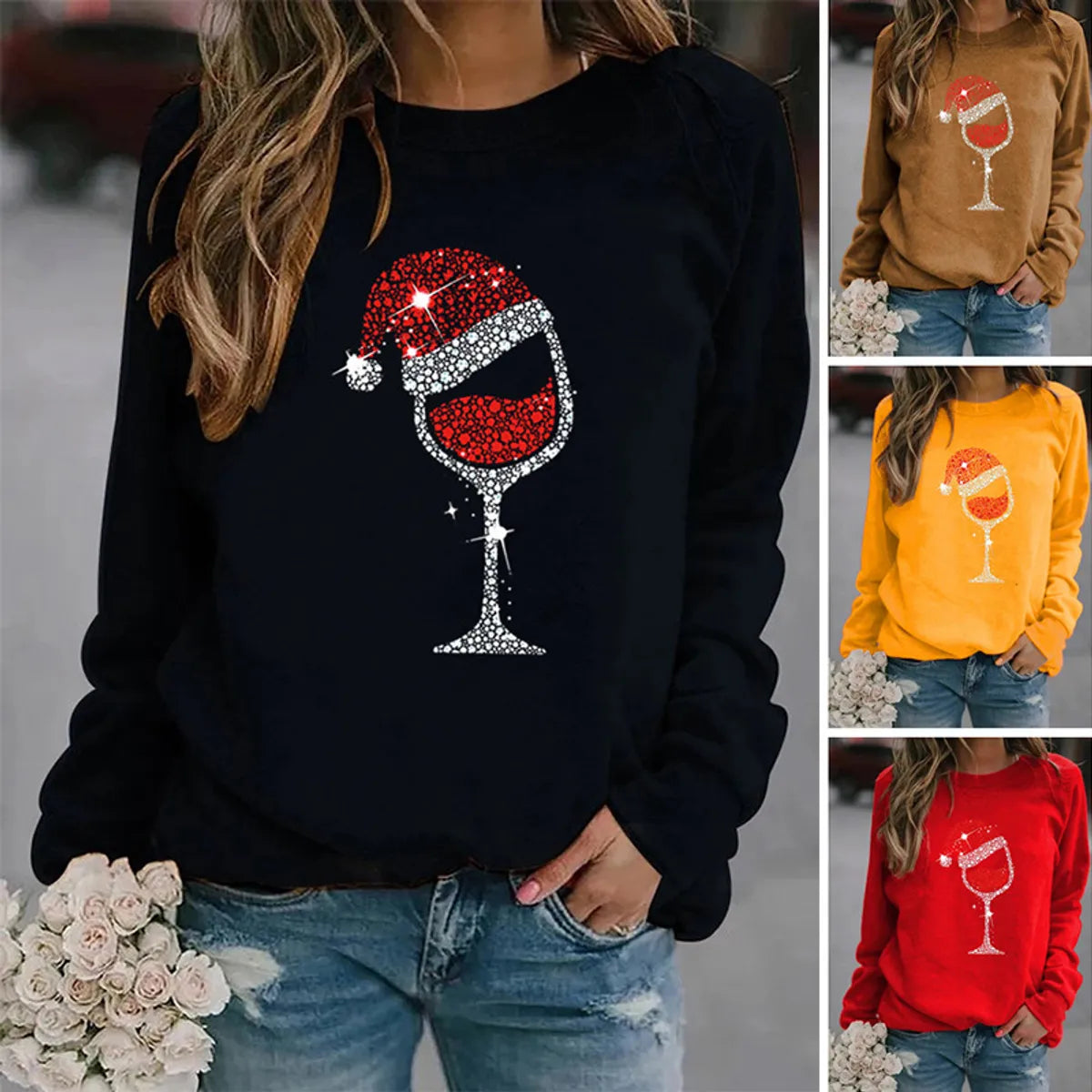 Women'S Hoodie Long Sleeve Hoodies & Sweatshirts Printing Casual Christmas Hat Wine Glass