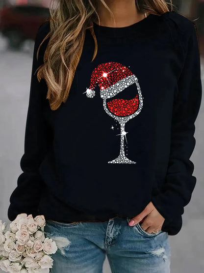 Women'S Hoodie Long Sleeve Hoodies & Sweatshirts Printing Casual Christmas Hat Wine Glass