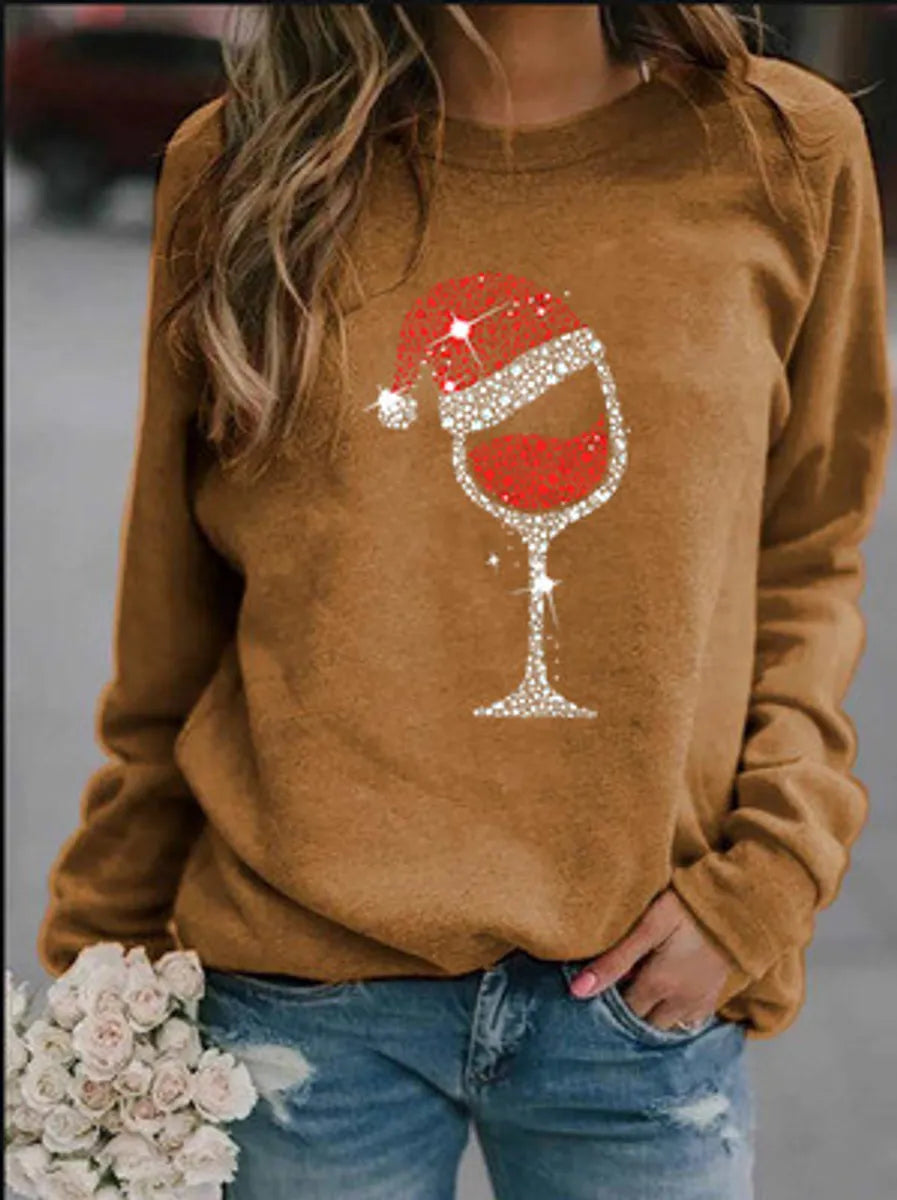 Women'S Hoodie Long Sleeve Hoodies & Sweatshirts Printing Casual Christmas Hat Wine Glass