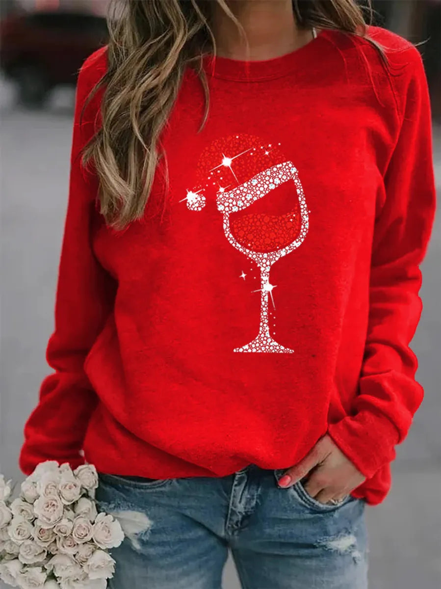 Women'S Hoodie Long Sleeve Hoodies & Sweatshirts Printing Casual Christmas Hat Wine Glass