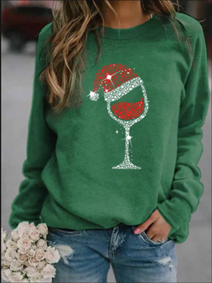 Women'S Hoodie Long Sleeve Hoodies & Sweatshirts Printing Casual Christmas Hat Wine Glass