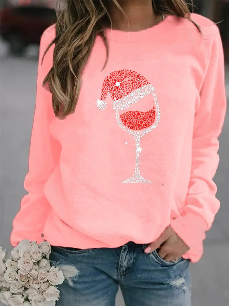 Women'S Hoodie Long Sleeve Hoodies & Sweatshirts Printing Casual Christmas Hat Wine Glass