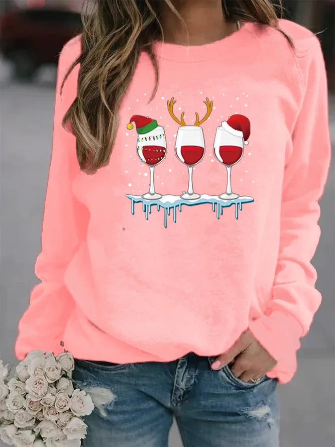 Women'S Hoodie Long Sleeve Hoodies & Sweatshirts Printing Christmas Wine Glass