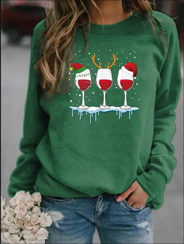 Women'S Hoodie Long Sleeve Hoodies & Sweatshirts Printing Christmas Wine Glass