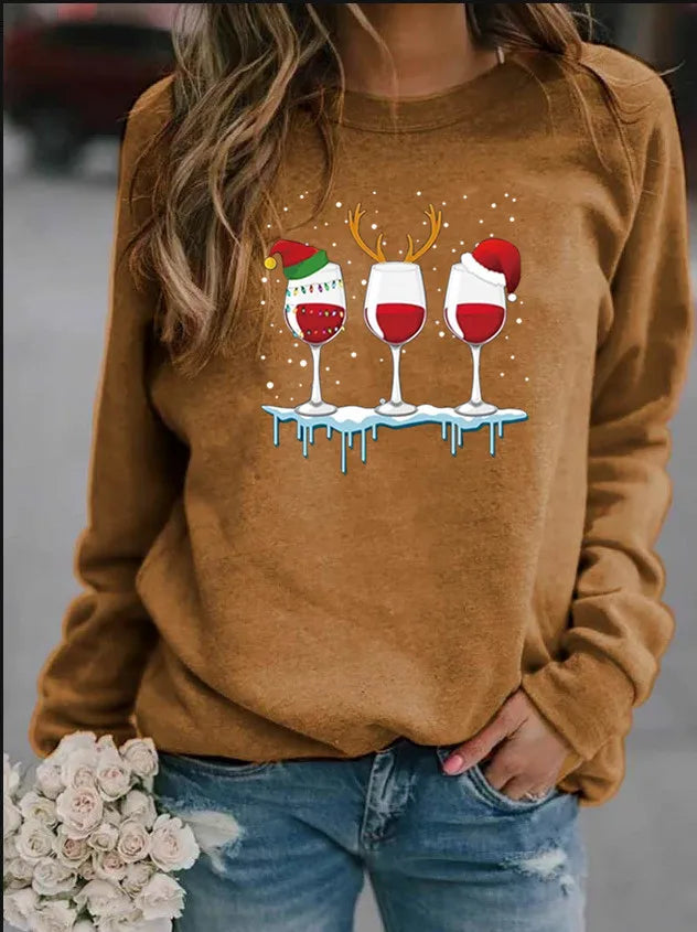 Women'S Hoodie Long Sleeve Hoodies & Sweatshirts Printing Christmas Wine Glass