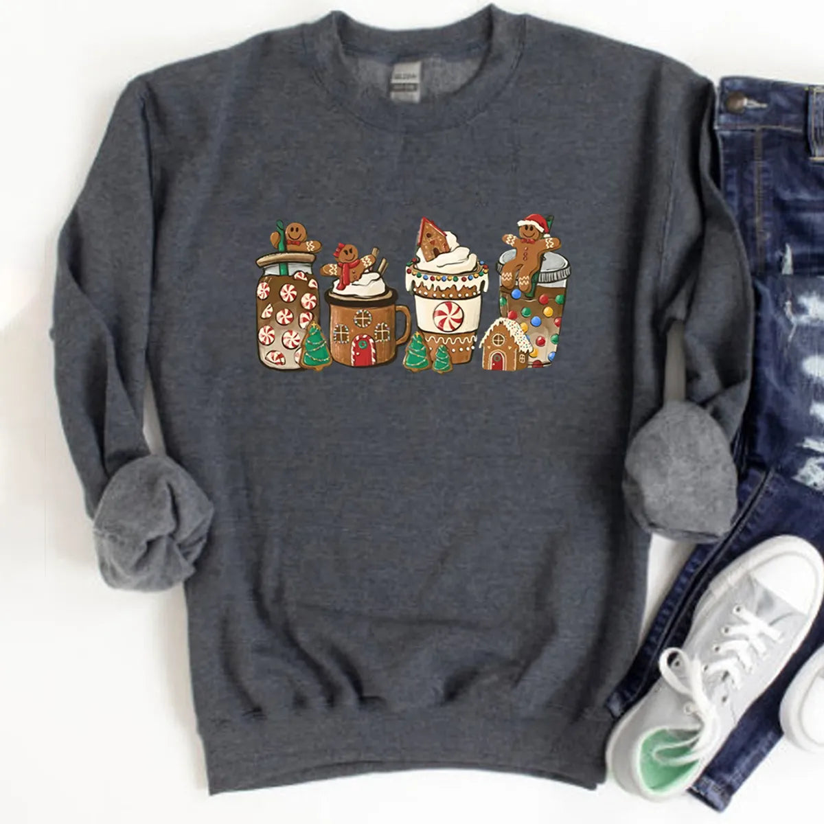 Women'S Hoodies Long Sleeve Thermal Transfer Printing Casual Christmas Tree Gingerbread