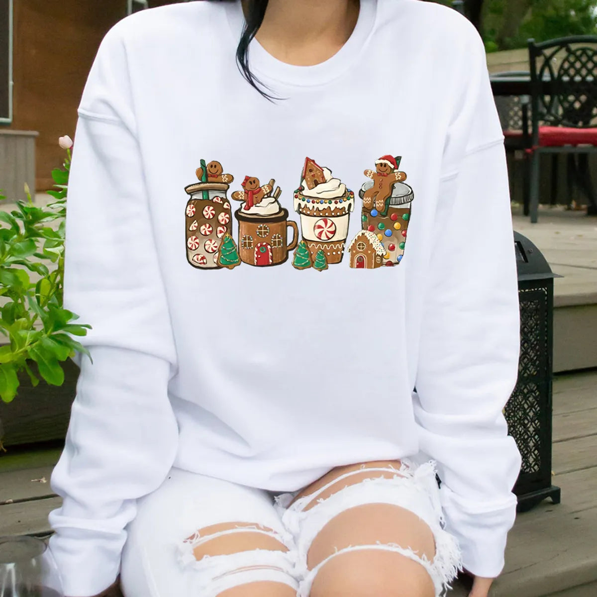 Women'S Hoodies Long Sleeve Thermal Transfer Printing Casual Christmas Tree Gingerbread