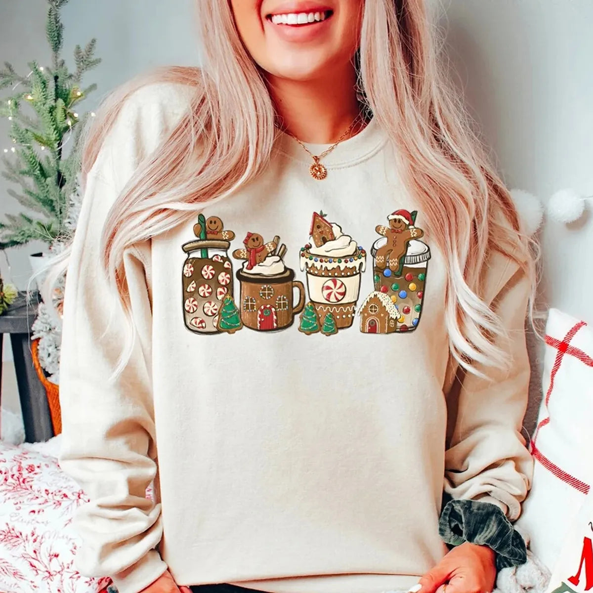 Women'S Hoodies Long Sleeve Thermal Transfer Printing Casual Christmas Tree Gingerbread