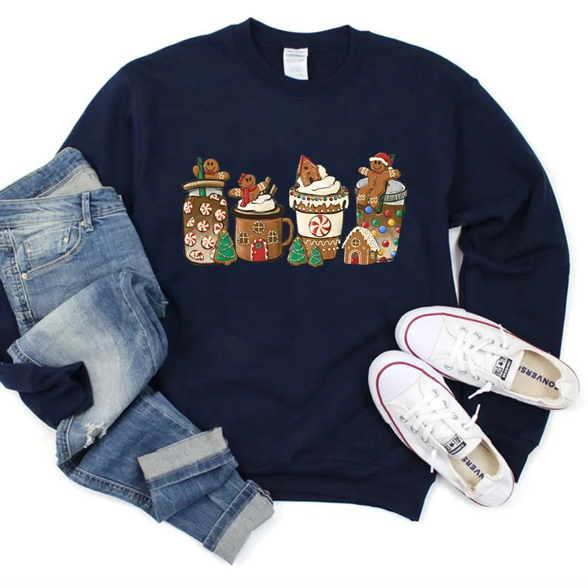 Women'S Hoodies Long Sleeve Thermal Transfer Printing Casual Christmas Tree Gingerbread