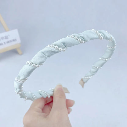 Women'S IG Style Simple Style Solid Color PVC Cloth Pearl Pleated Hair Band