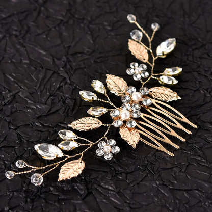 Women'S Ig Style Sweet Leaves Flower Alloy Beaded Inlay Artificial Pearls Rhinestones Hair Combs