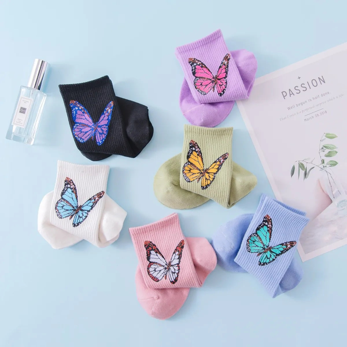 Women'S Japanese Style Butterfly Cotton Crew Socks A Pair