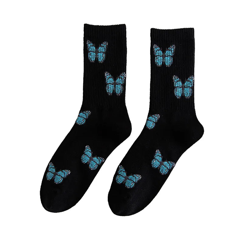 Women'S Japanese Style Butterfly Nylon Cotton Jacquard Crew Socks A Pair