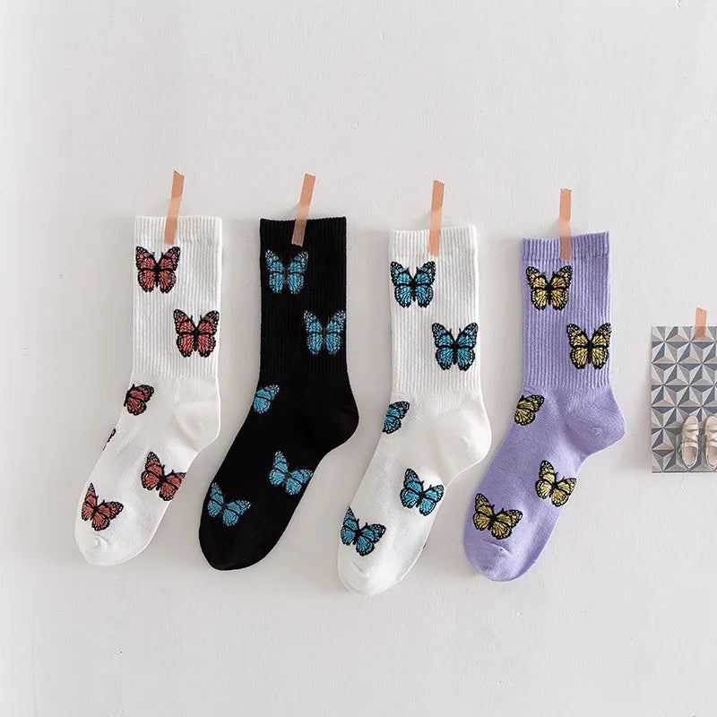 Women'S Japanese Style Butterfly Nylon Cotton Jacquard Crew Socks A Pair