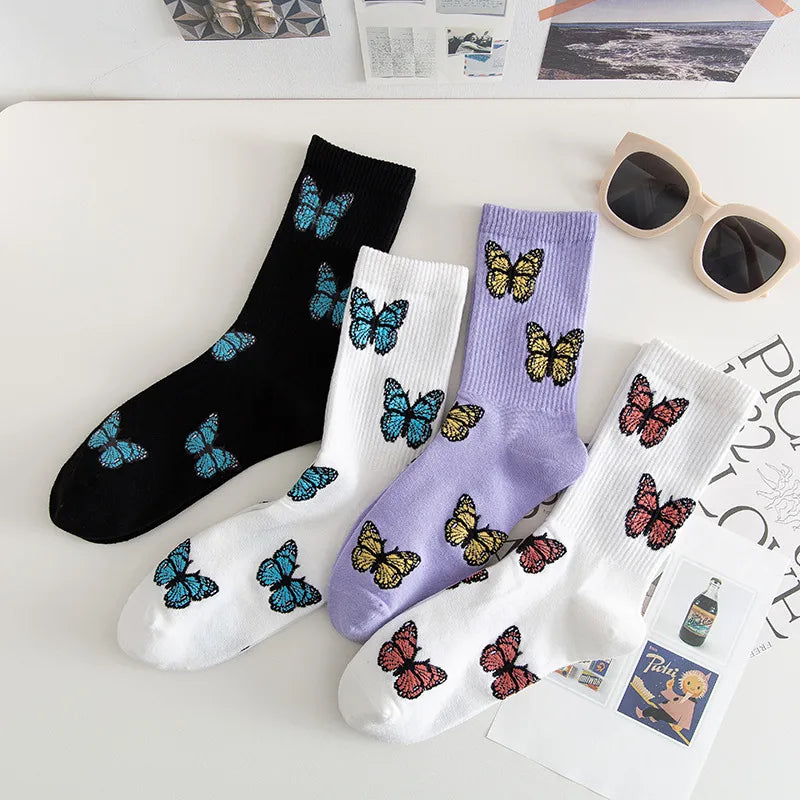 Women'S Japanese Style Butterfly Nylon Cotton Jacquard Crew Socks A Pair