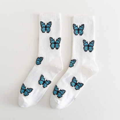 Women'S Japanese Style Butterfly Nylon Cotton Jacquard Crew Socks A Pair