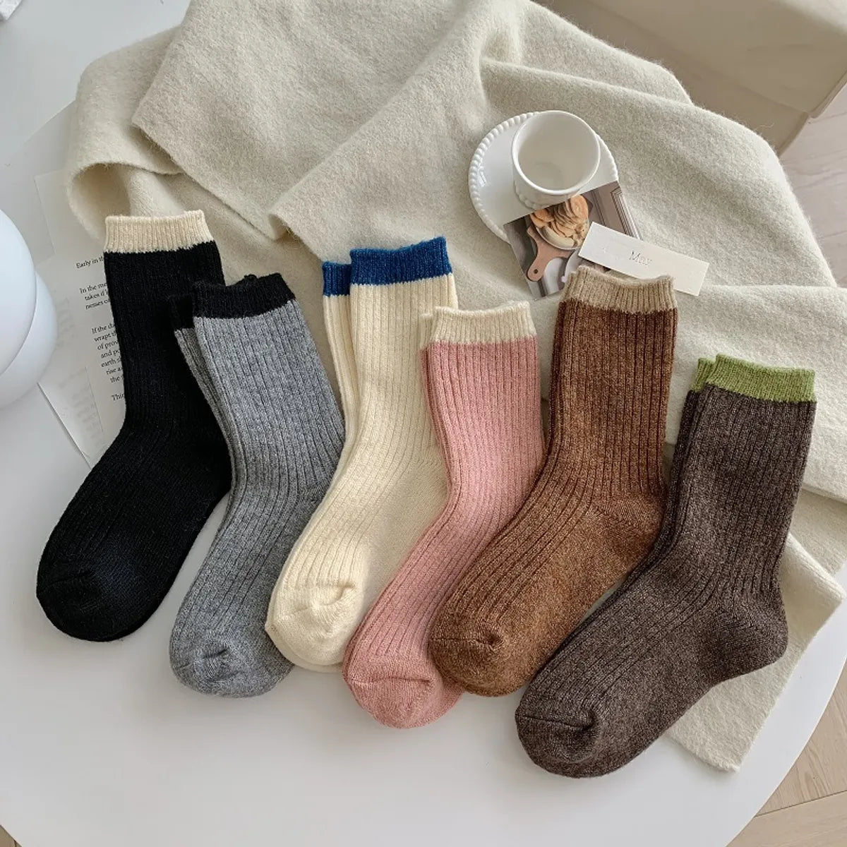 Women'S Japanese Style Color Block Wool Crew Socks A Pair