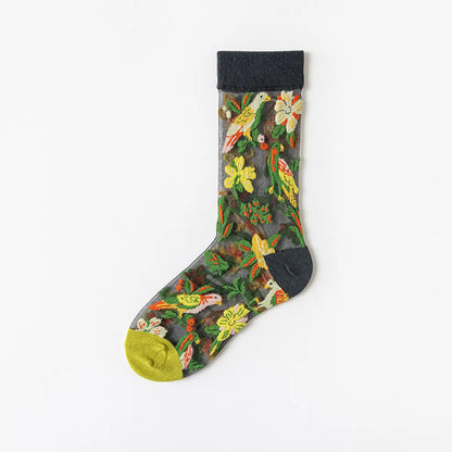 Women'S Japanese Style Flower Nylon Crew Socks A Pair