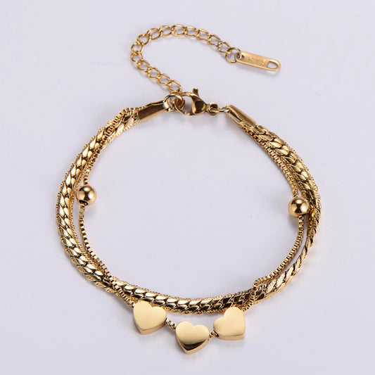 Women's Jewelry Wholesale Stainless Steel 18k Gold Plated Heart Double Bracelet