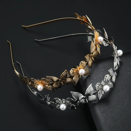 Women'S Lady Butterfly Metal Inlay Artificial Pearls Hair Band