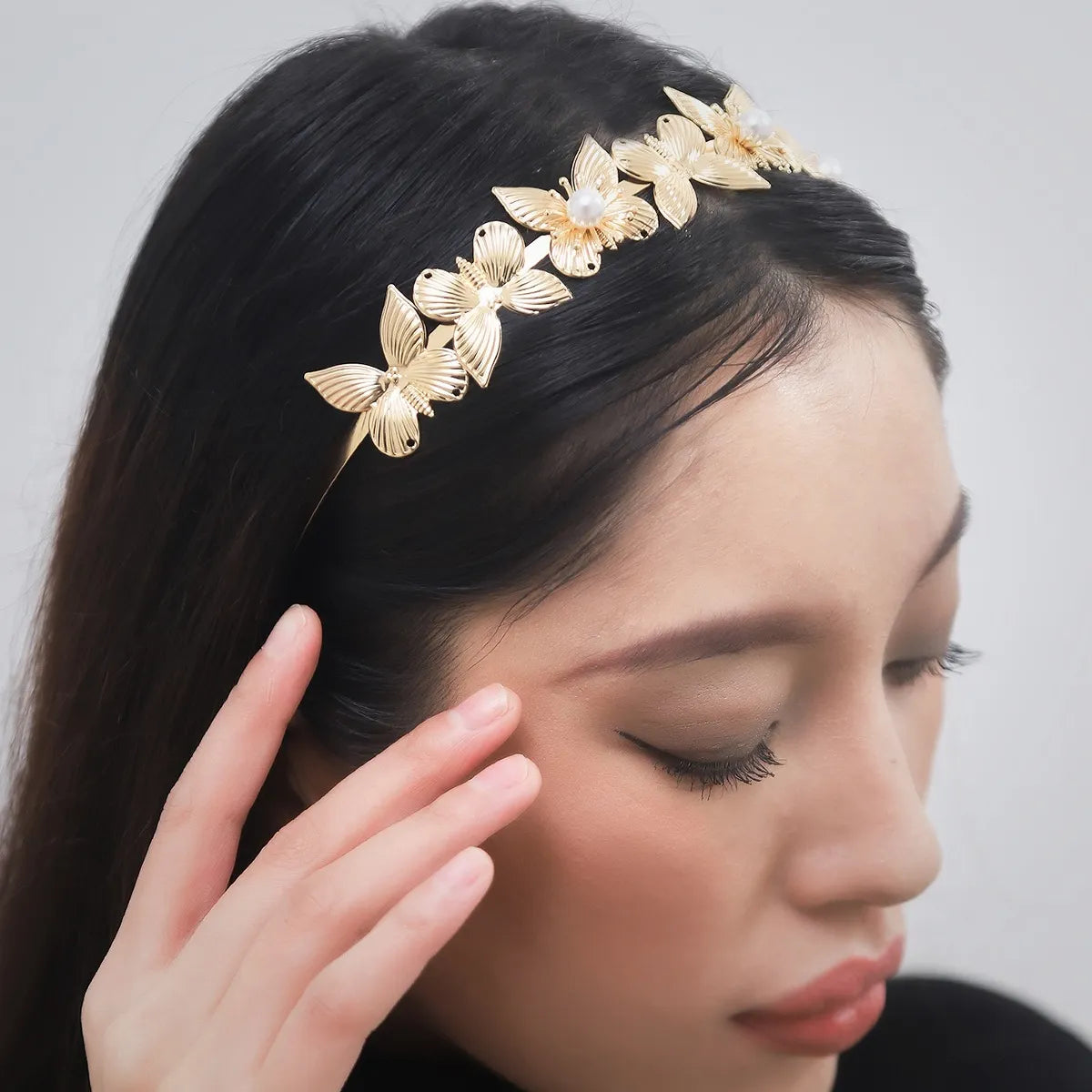 Women'S Lady Butterfly Metal Inlay Artificial Pearls Hair Band