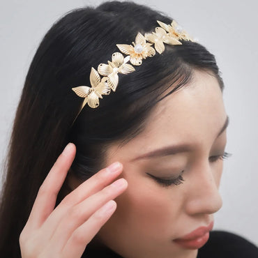 Women'S Lady Butterfly Metal Inlay Artificial Pearls Hair Band