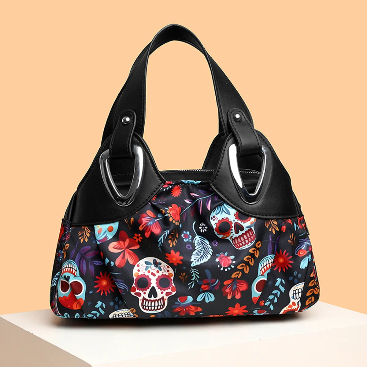 Women'S Medium Flower Skull Classic Style Streetwear Pillow Shape Zipper Handbag