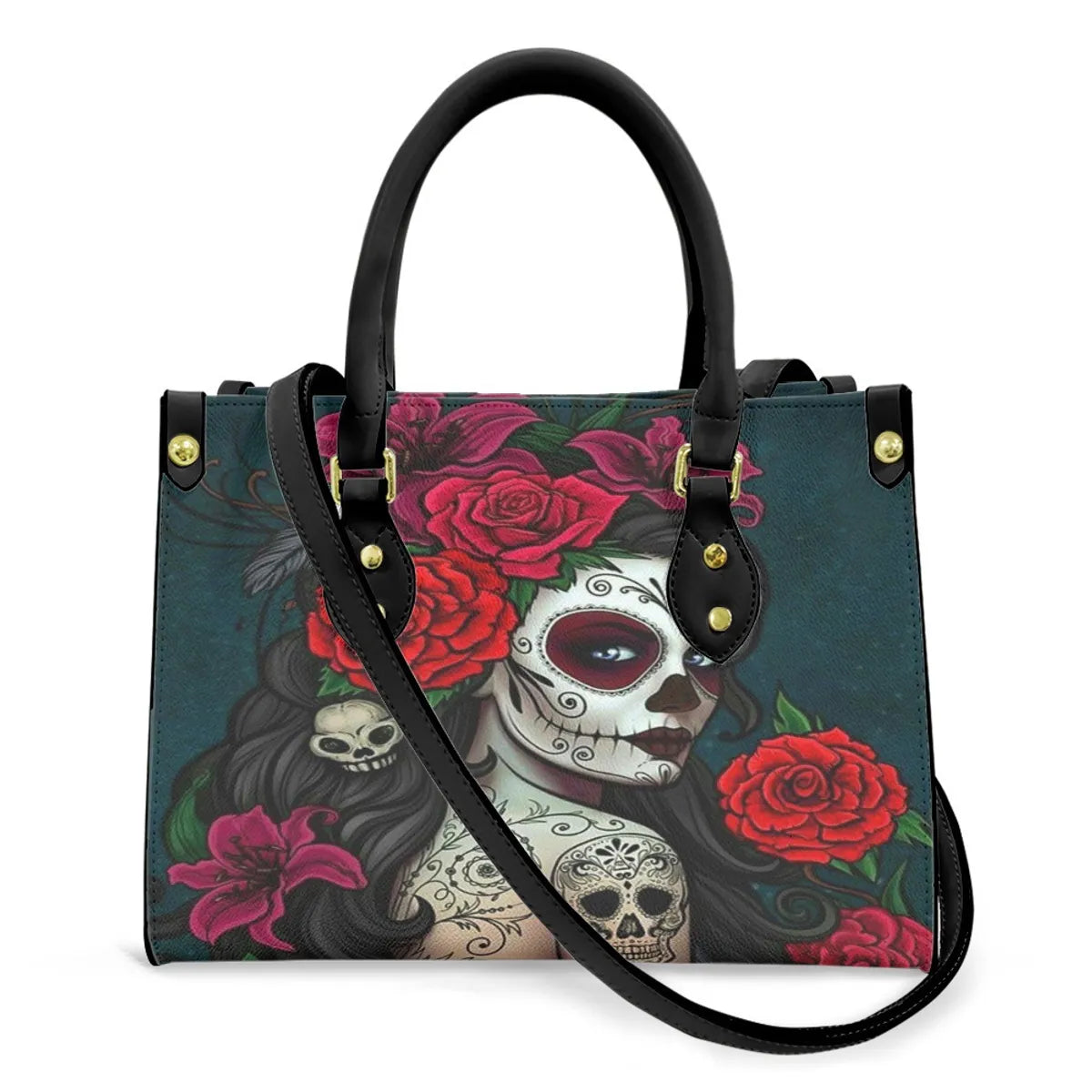 Women'S Medium Pu Leather Human Floral Streetwear Square Hook Loop Tote Bag