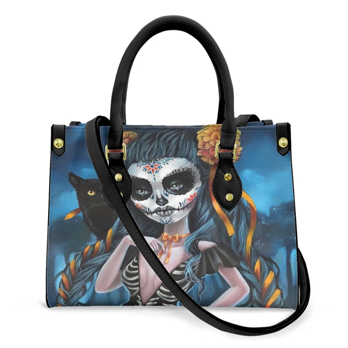 Women'S Medium Pu Leather Human Floral Streetwear Square Hook Loop Tote Bag