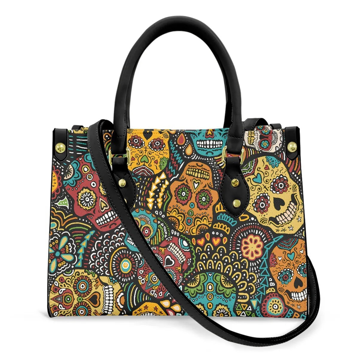 Women'S Medium Pu Leather Human Floral Streetwear Square Hook Loop Tote Bag