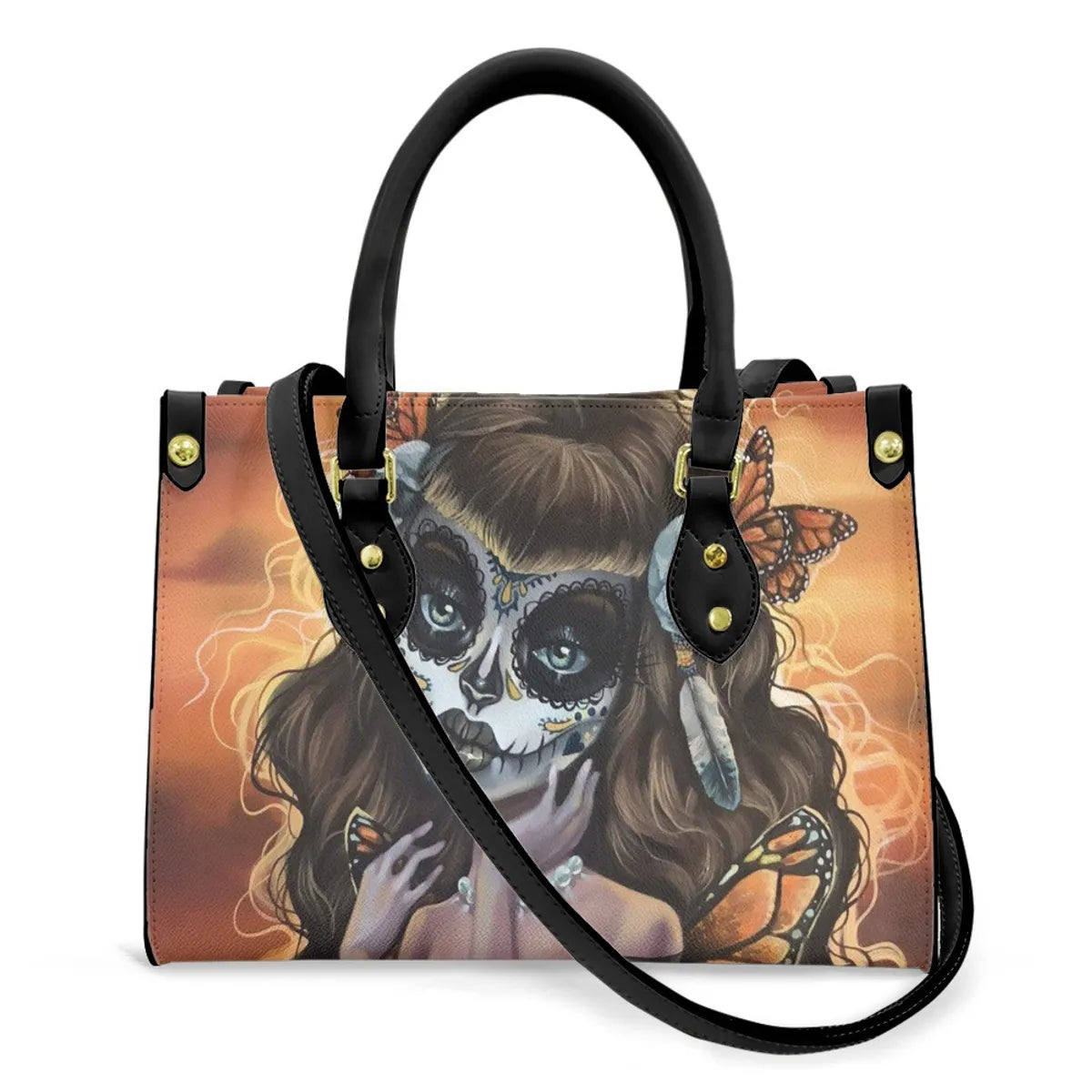 Women'S Medium Pu Leather Human Floral Streetwear Square Hook Loop Tote Bag