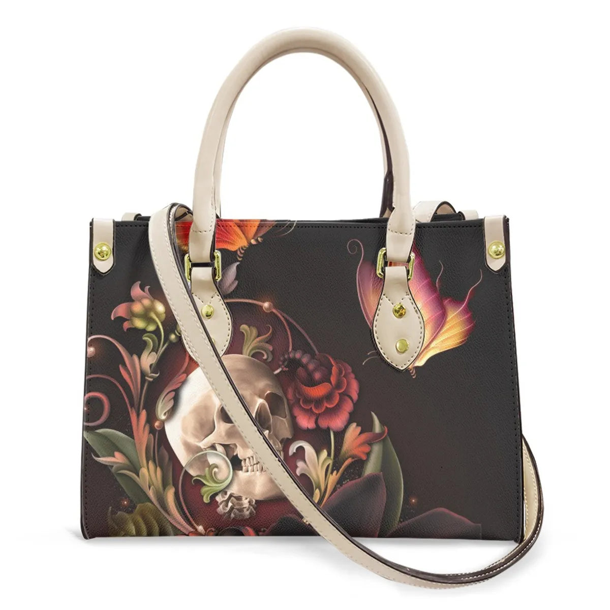 Women'S Medium Pu Leather Human Floral Streetwear Square Hook Loop Tote Bag