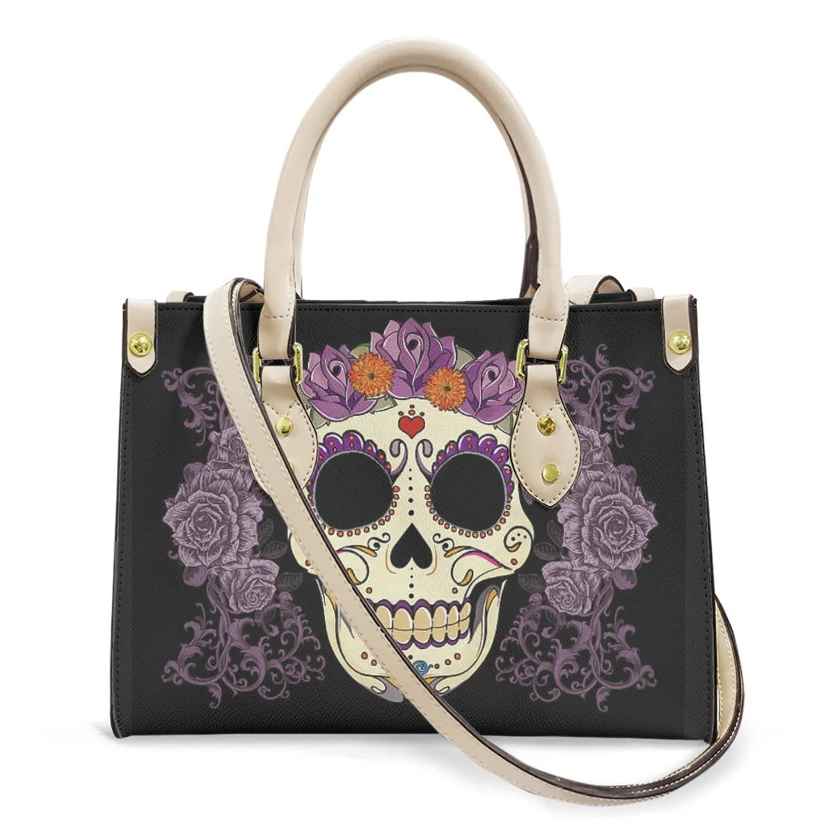 Women'S Medium Pu Leather Human Floral Streetwear Square Hook Loop Tote Bag