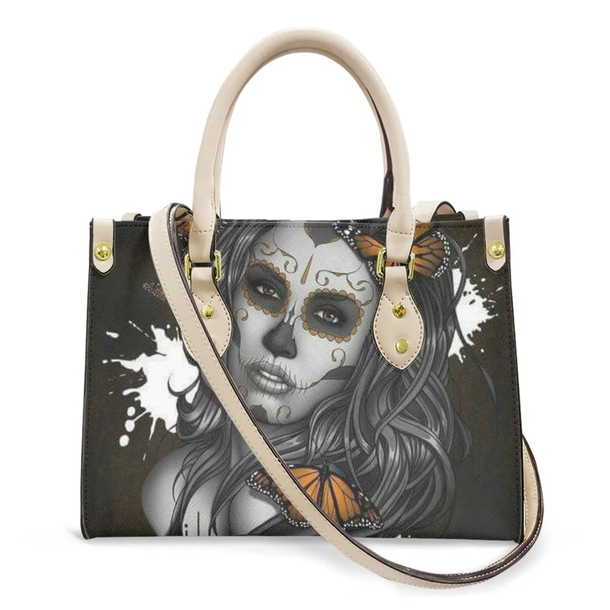 Women'S Medium Pu Leather Human Floral Streetwear Square Hook Loop Tote Bag