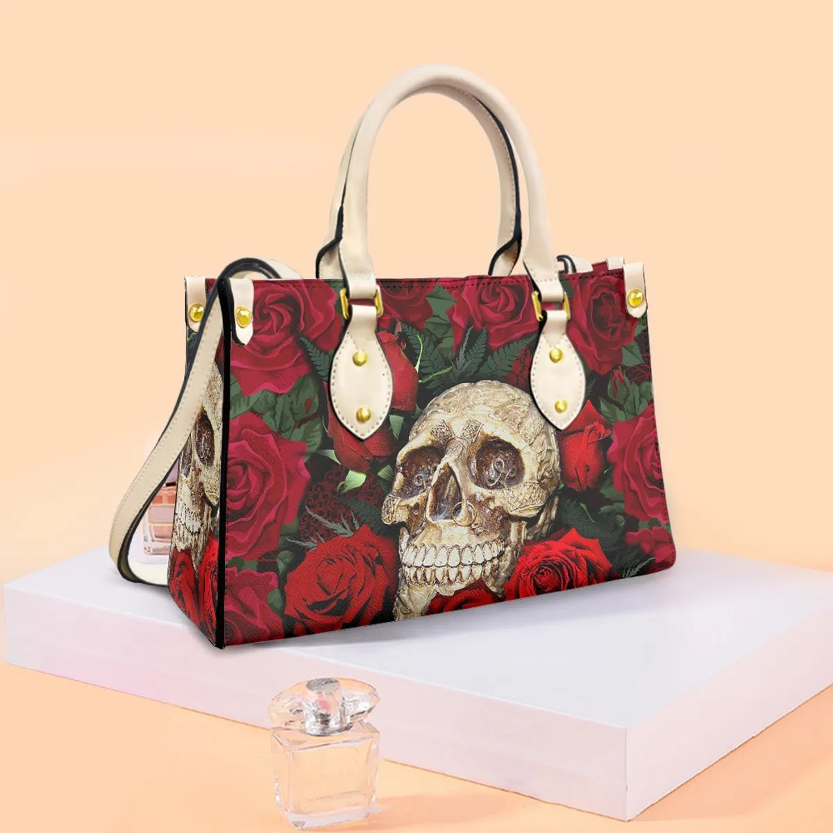 Women'S Medium Pu Leather Human Floral Streetwear Square Hook Loop Tote Bag