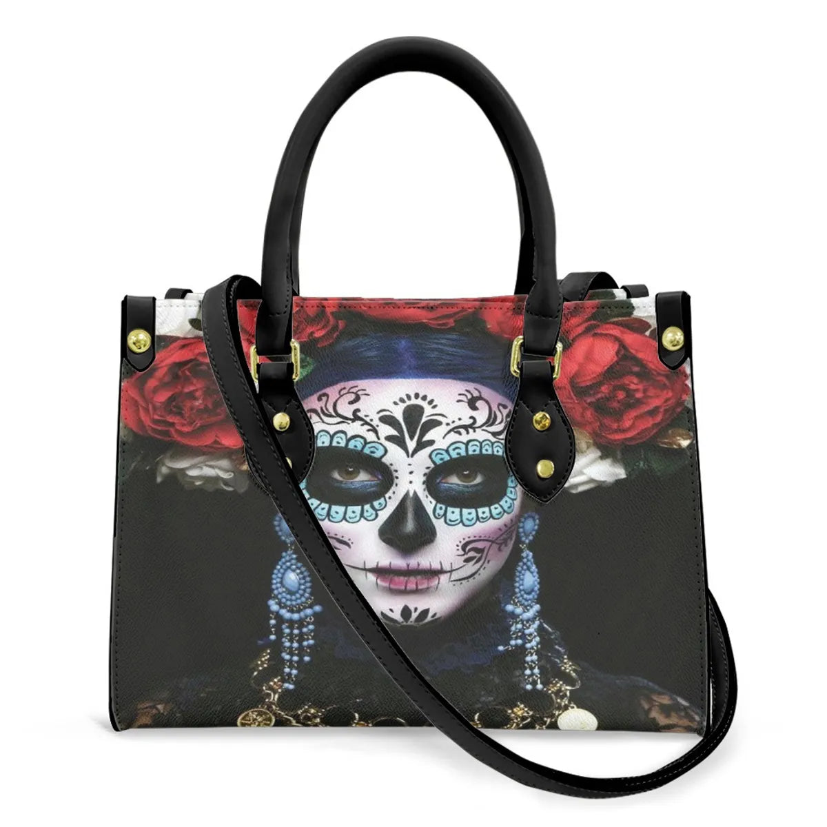 Women'S Medium Pu Leather Human Floral Streetwear Square Hook Loop Tote Bag