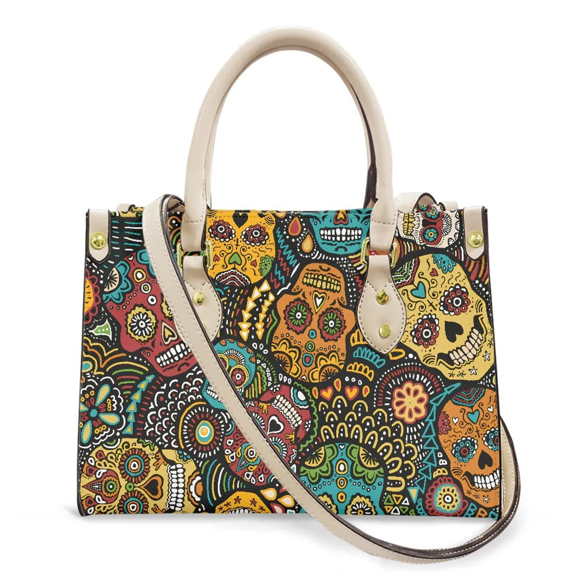 Women'S Medium Pu Leather Human Floral Streetwear Square Hook Loop Tote Bag