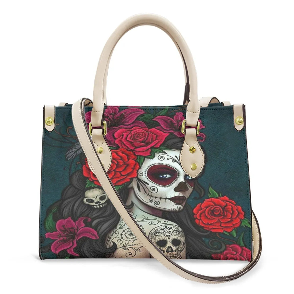 Women'S Medium Pu Leather Human Floral Streetwear Square Hook Loop Tote Bag