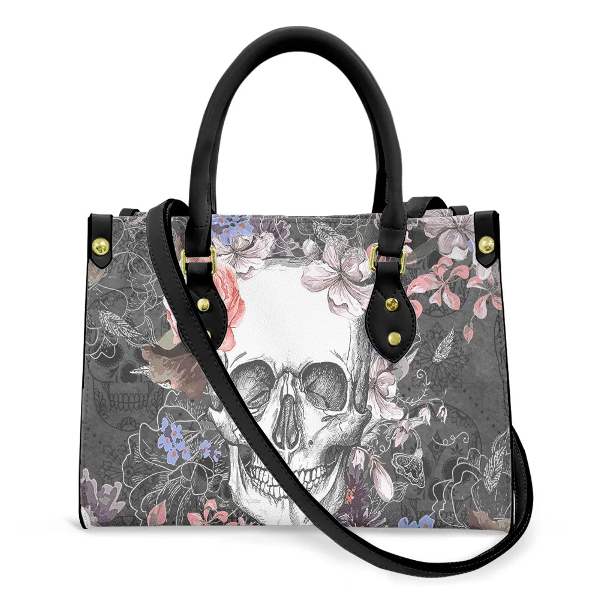 Women'S Medium Pu Leather Human Floral Streetwear Square Hook Loop Tote Bag