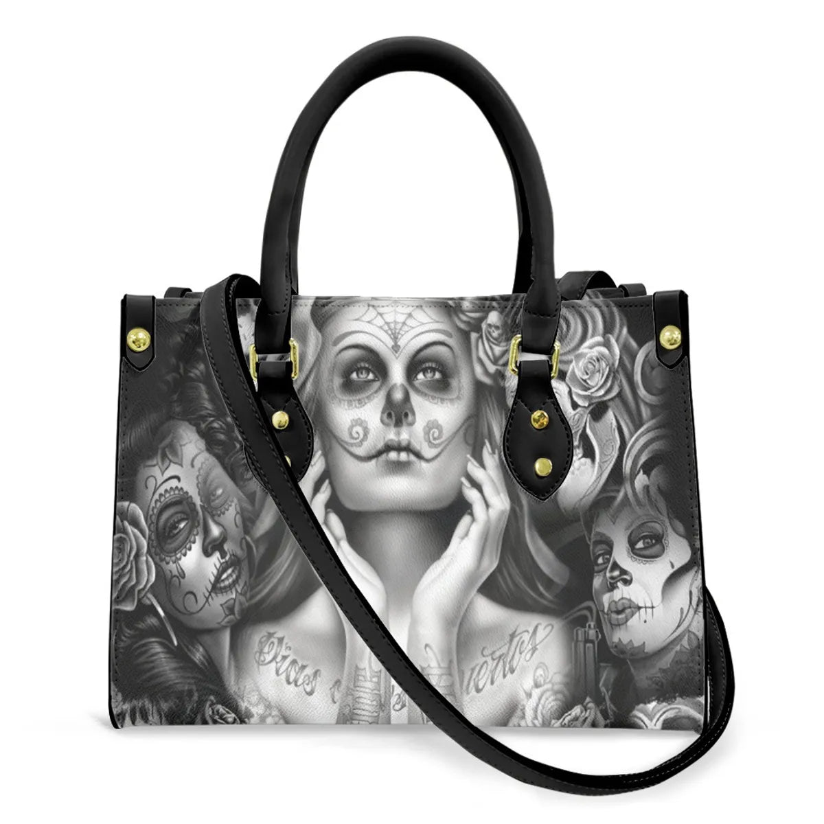 Women'S Medium Pu Leather Human Floral Streetwear Square Hook Loop Tote Bag