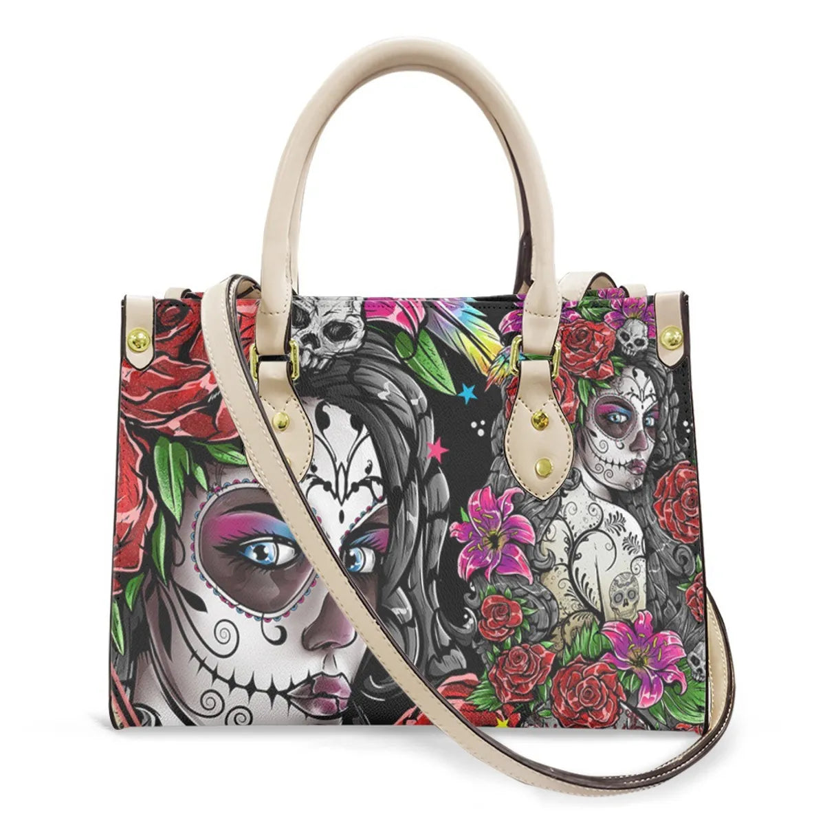 Women'S Medium Pu Leather Human Floral Streetwear Square Hook Loop Tote Bag