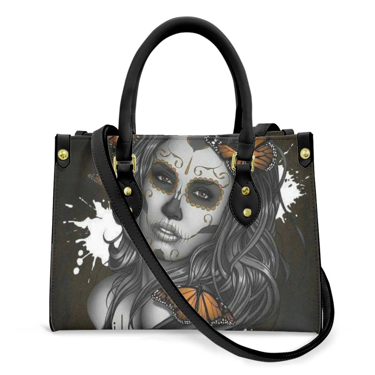 Women'S Medium Pu Leather Human Floral Streetwear Square Hook Loop Tote Bag