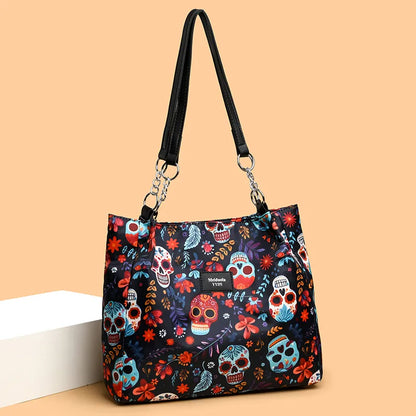 Women'S Medium Pu Leather Skull Streetwear Square Zipper Tote Bag