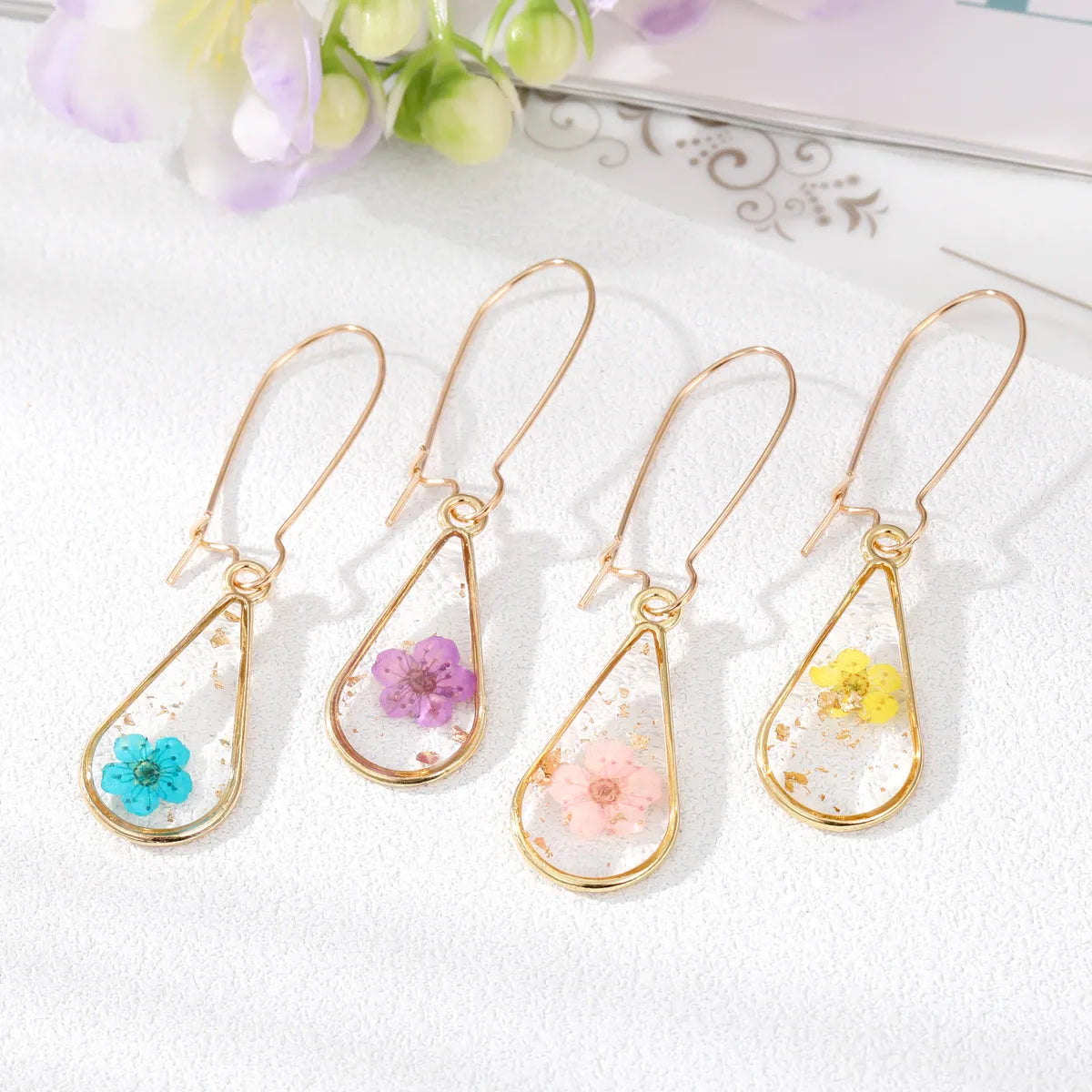 Women'S Pastoral Flowers Alloy Resin Earrings Epoxy Earrings