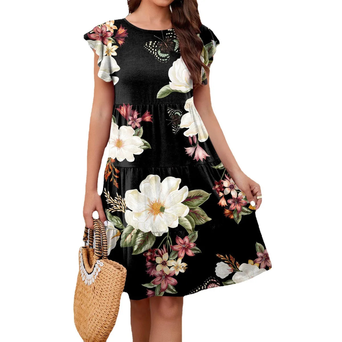 Women'S Regular Dress Elegant Round Neck Printing Short Sleeve Flower Knee-Length Holiday Daily