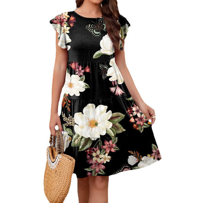 Women'S Regular Dress Elegant Round Neck Printing Short Sleeve Flower Knee-Length Holiday Daily