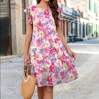 Women'S Regular Dress Elegant Round Neck Printing Short Sleeve Flower Knee-Length Holiday Daily