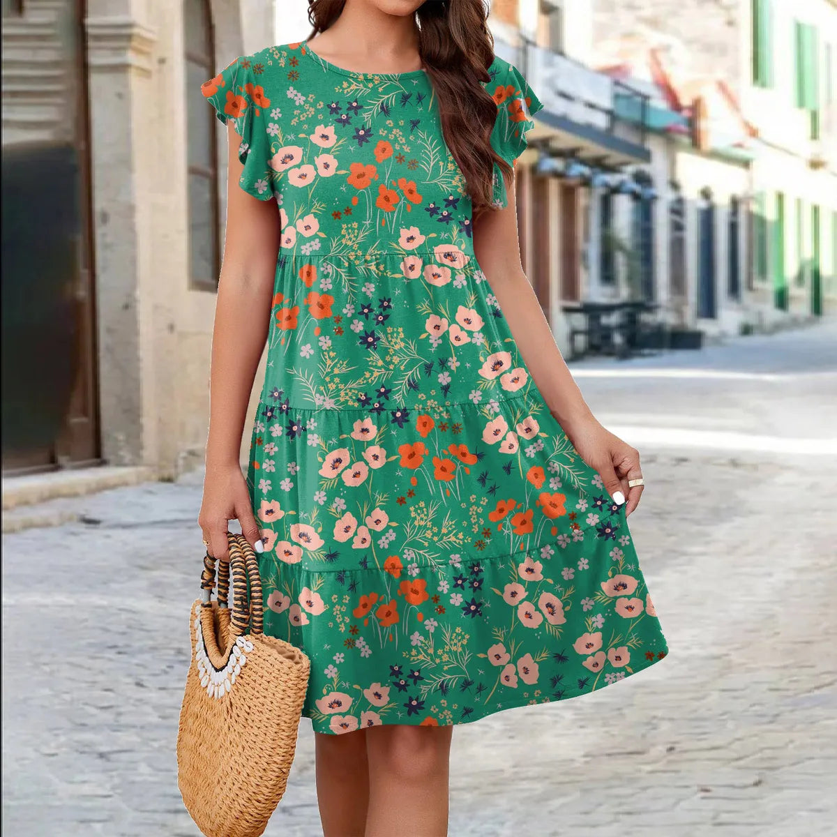 Women'S Regular Dress Elegant Round Neck Printing Short Sleeve Flower Knee-Length Holiday Daily