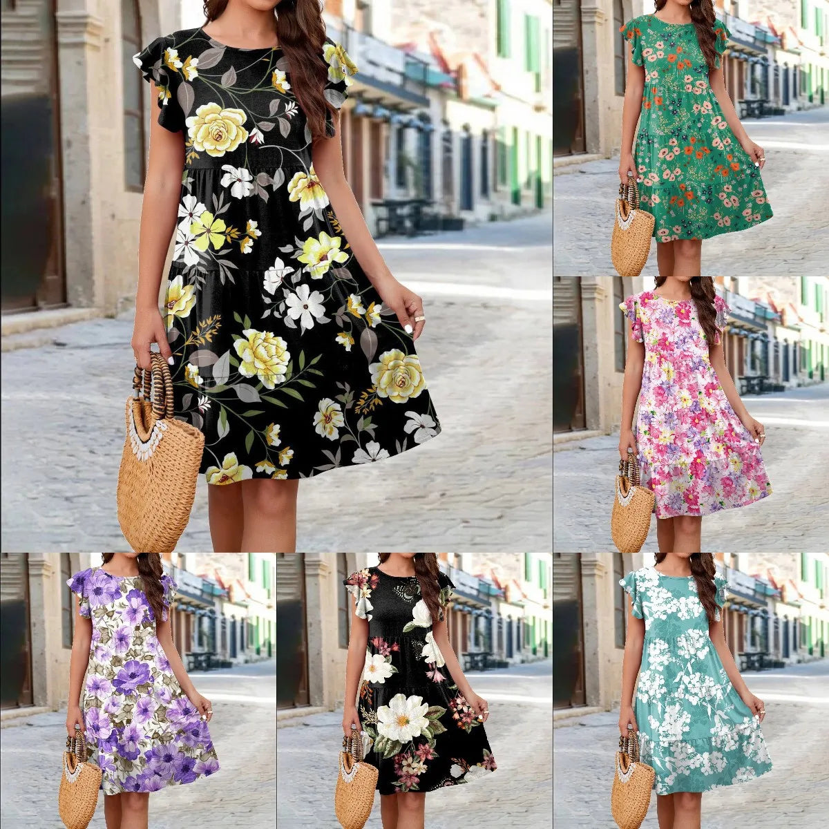 Women'S Regular Dress Elegant Round Neck Printing Short Sleeve Flower Knee-Length Holiday Daily