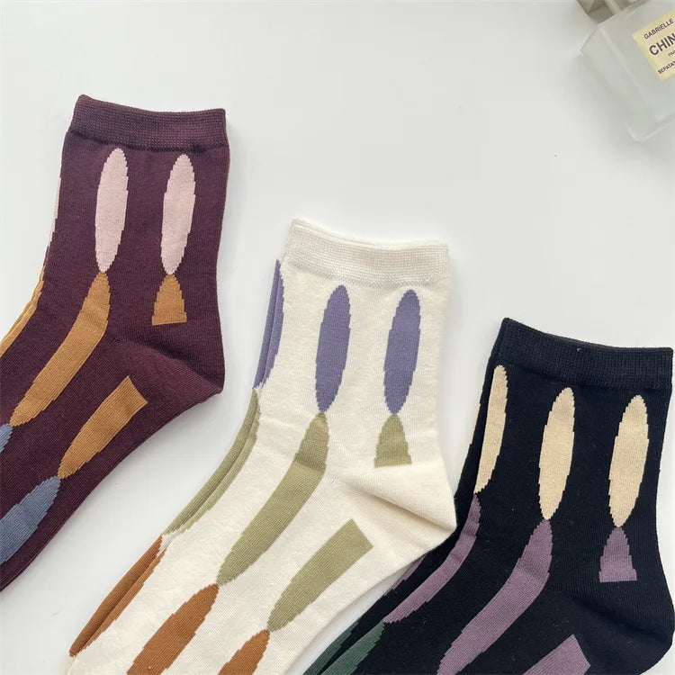 Women'S Retro Color Block Cotton Crew Socks A Pair